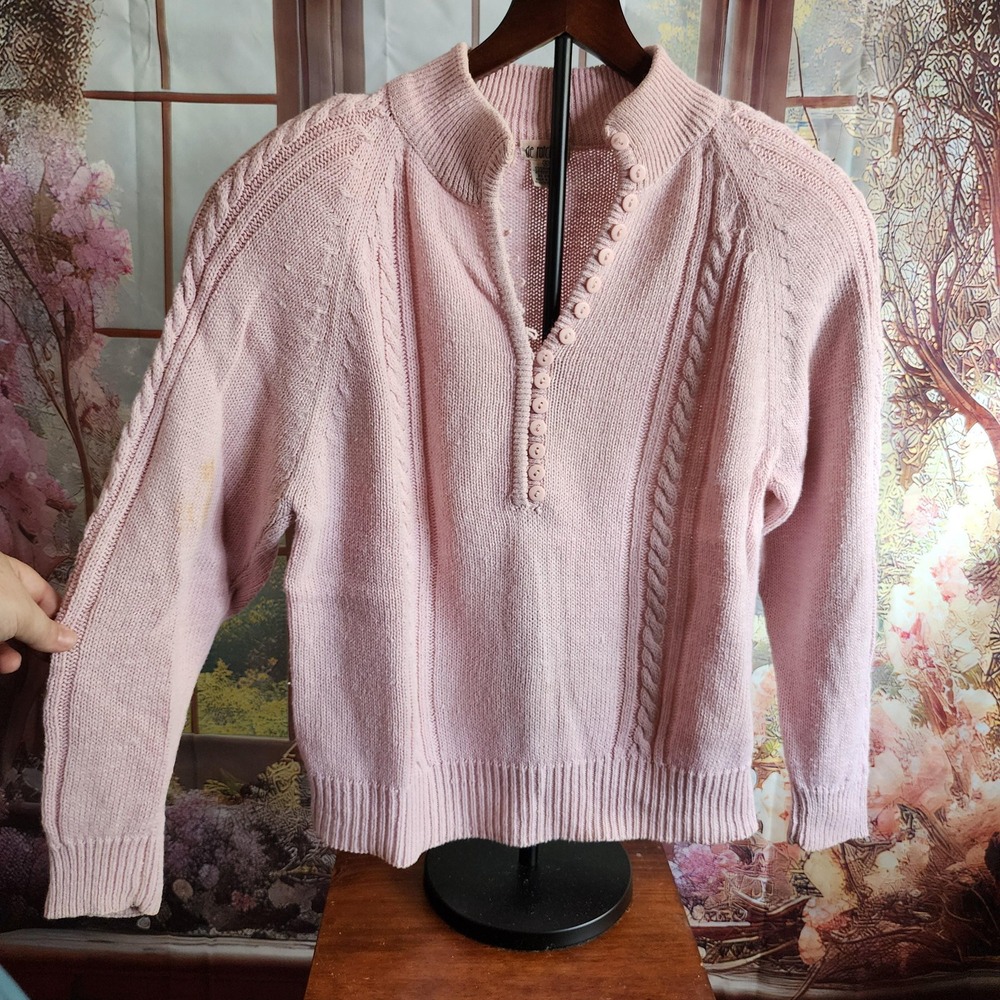 S | Vintage 80s Coquette Cable Knit Sweater - De Rotchild - Light Pink